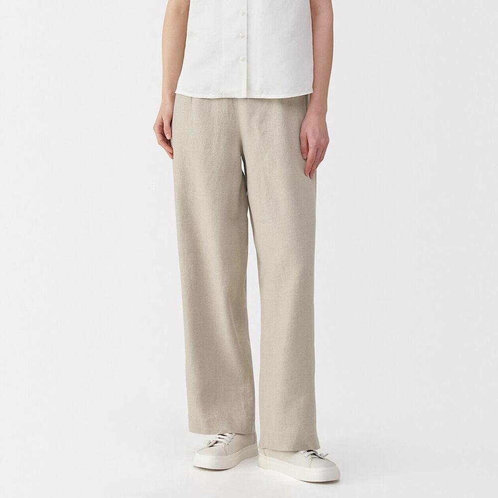 Muji Women's Small Beige Linen Wide Leg Pants Minimalist Summer Coastal U1-22